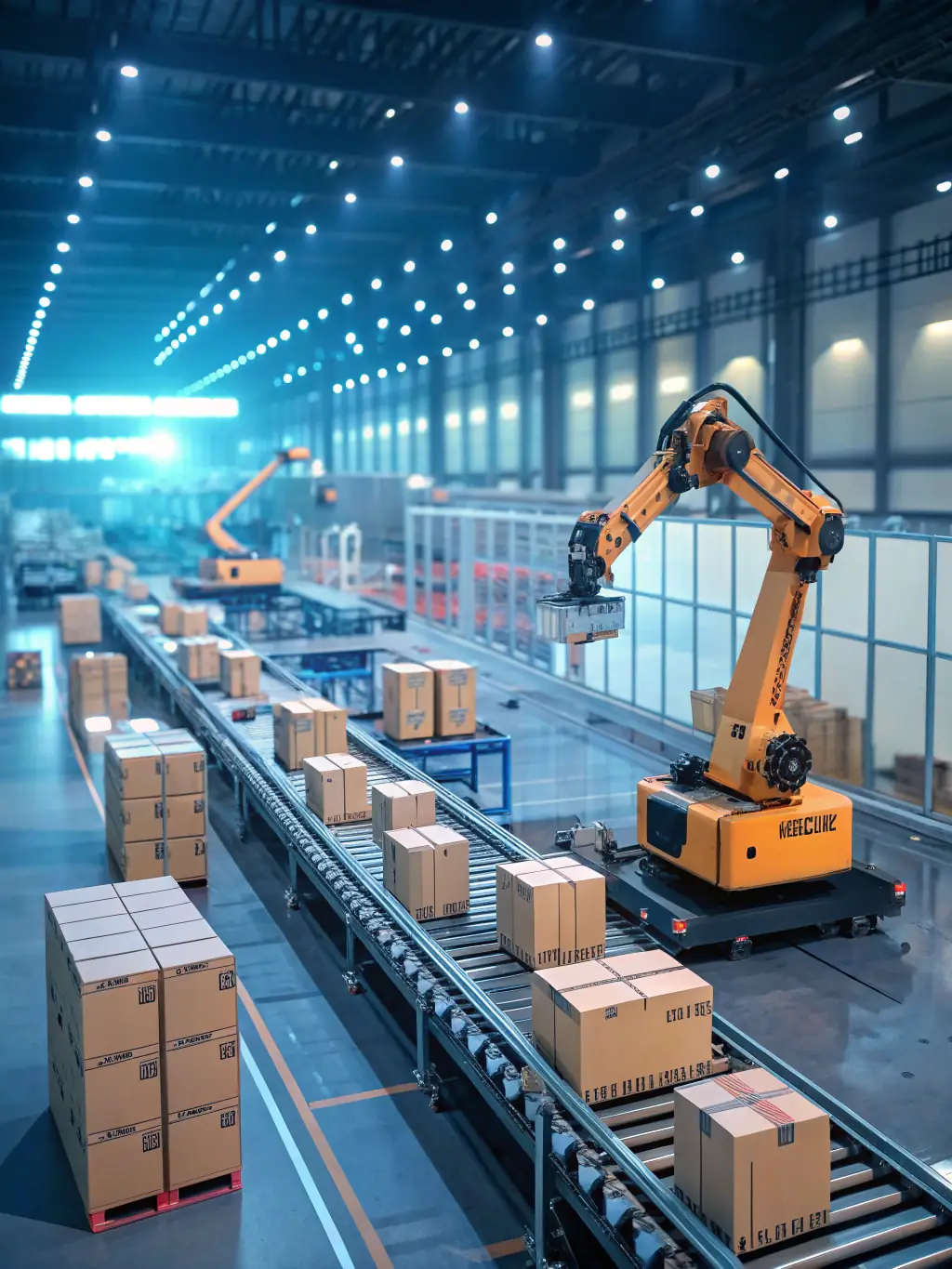 A modern warehouse interior with goods being sorted and prepared for shipment. The scene is well-lit and efficient, reflecting WT&T Ltd.'s operational capabilities.