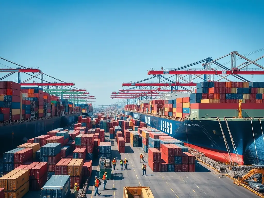 A bustling port scene with cargo ships being loaded and unloaded, representing WT&T Ltd.'s expertise in global trade and logistics.