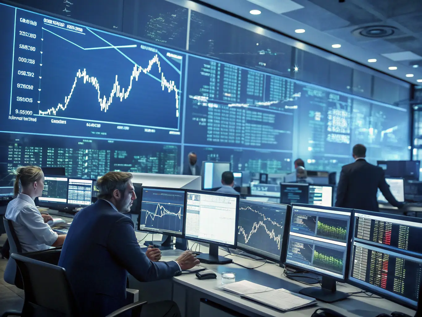 A modern office setting with traders analyzing market data on multiple screens, showcasing WT&T Ltd.'s advanced trading capabilities.