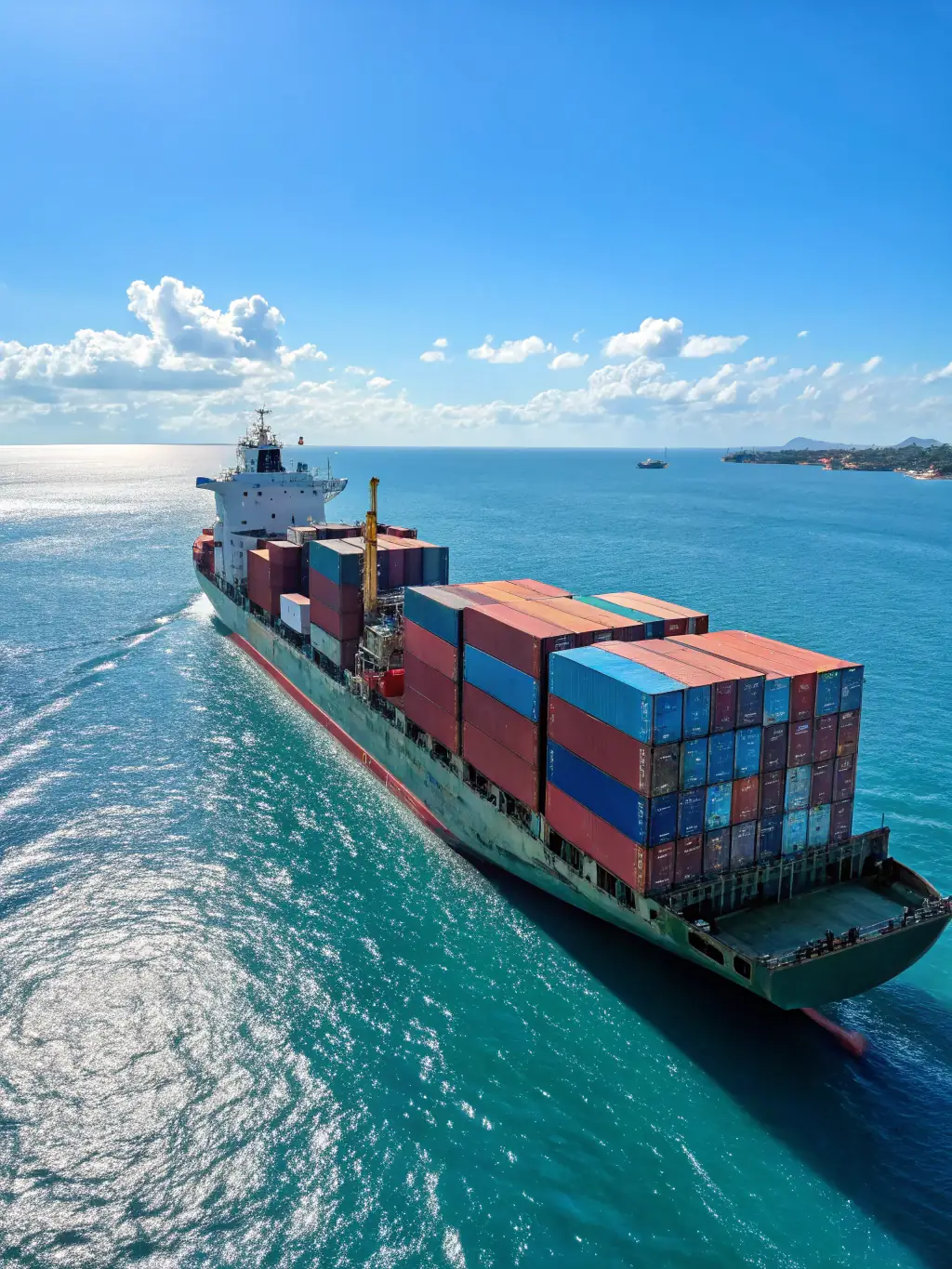 A cargo ship sailing on the open sea, loaded with containers. The sky is clear, and the sea is calm, representing reliable and secure transport.